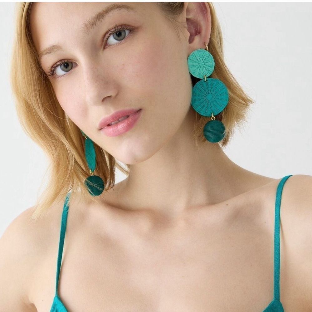 NWT J Crew Triple Drop Raffia Earrings in Green